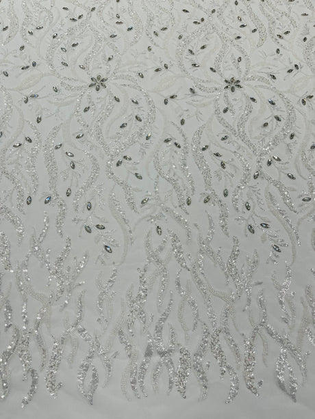 Jewel Vine Beaded Lace Polyester Fabric - Hand Beaded Vine Pattern, 54" Width (1 Yard)