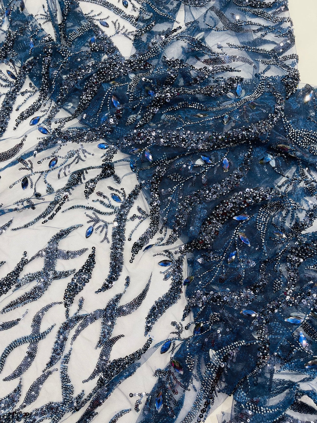 Jewel Vine Beaded Lace Polyester Fabric - Hand Beaded Vine Pattern, 54" Width (1 Yard)