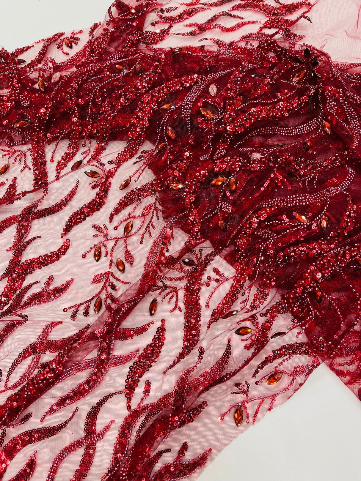 Jewel Vine Beaded Lace Polyester Fabric - Hand Beaded Vine Pattern, 54" Width (1 Yard)