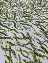 Jewel Vine Beaded Lace Polyester Fabric - Hand Beaded Vine Pattern, 54" Width (1 Yard)