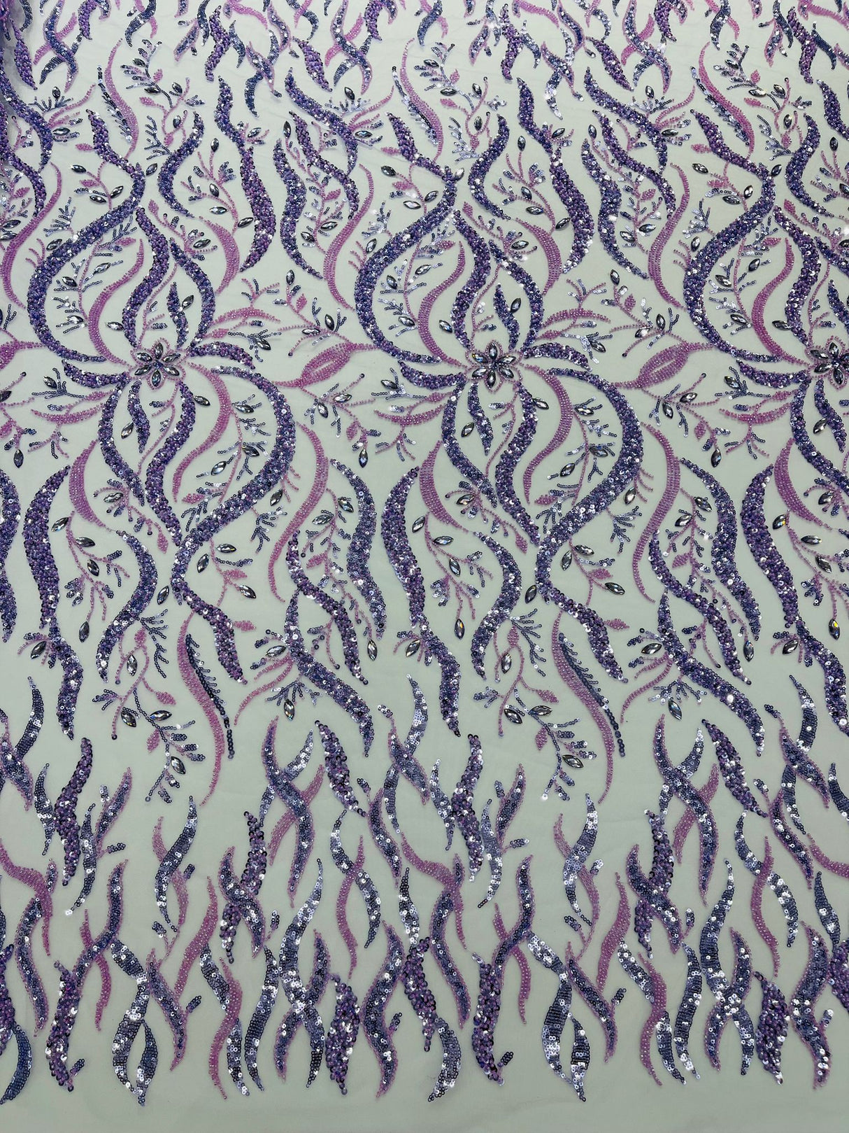 Jewel Vine Beaded Lace Polyester Fabric - Hand Beaded Vine Pattern, 54" Width (1 Yard)