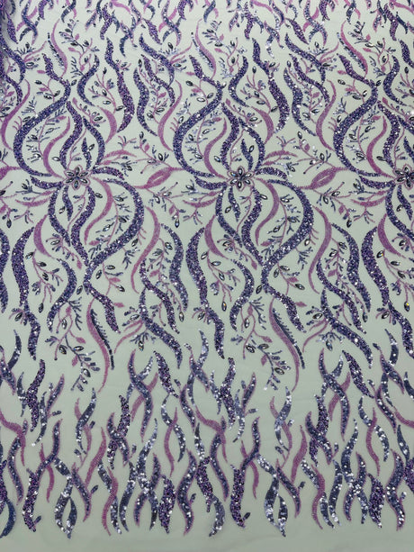 Jewel Vine Beaded Lace Polyester Fabric - Hand Beaded Vine Pattern, 54" Width (1 Yard)