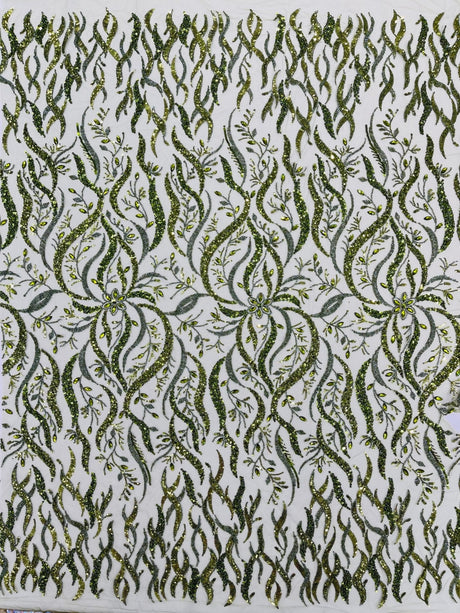 Jewel Vine Beaded Lace Polyester Fabric - Hand Beaded Vine Pattern, 54" Width (1 Yard)