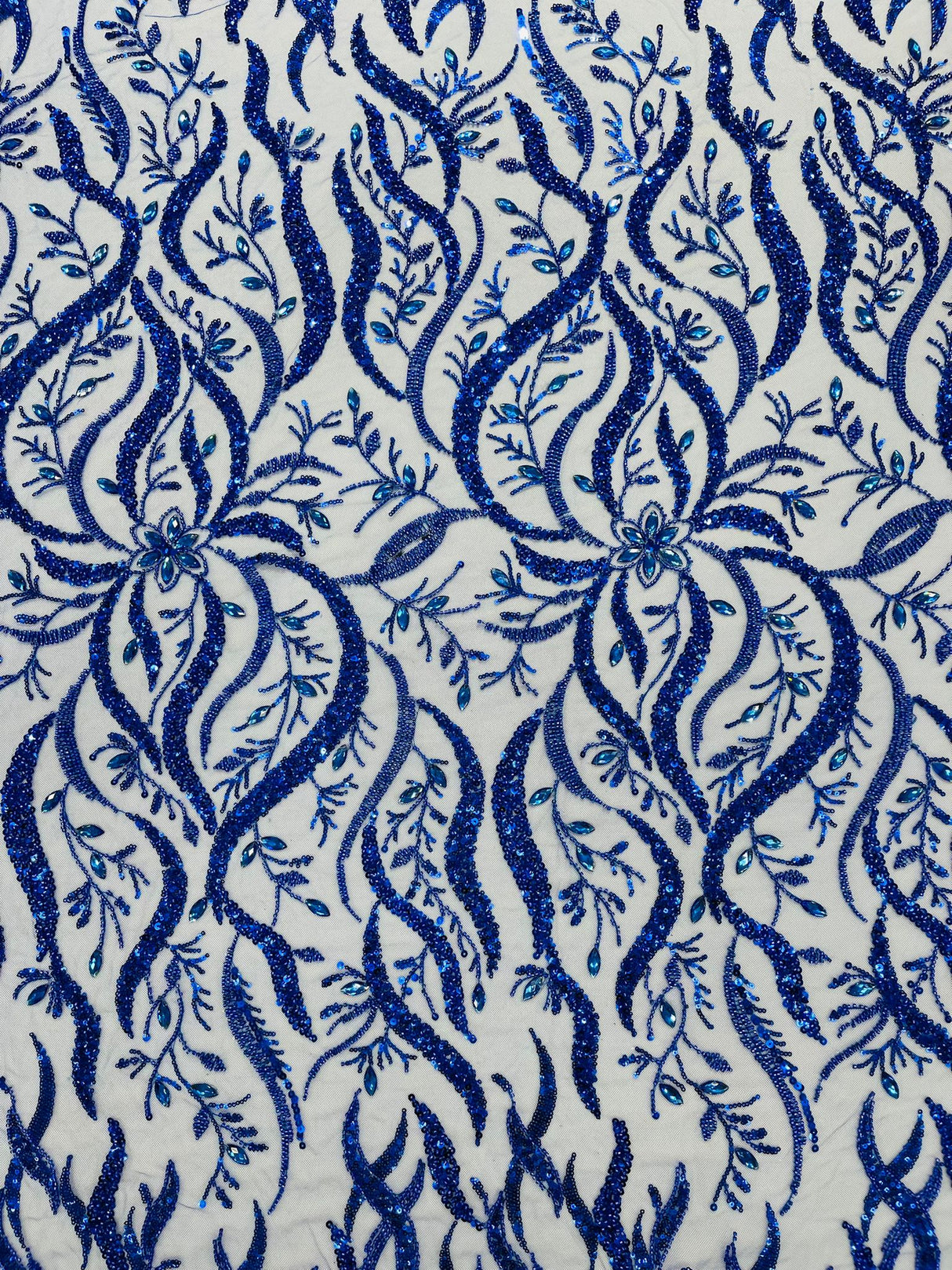 Jewel Vine Beaded Lace Polyester Fabric - Hand Beaded Vine Pattern, 54" Width (1 Yard)
