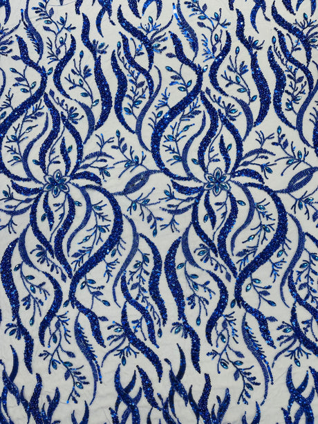 Jewel Vine Beaded Lace Polyester Fabric - Hand Beaded Vine Pattern, 54" Width (1 Yard)