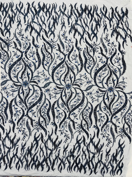 Jewel Vine Beaded Lace Polyester Fabric - Hand Beaded Vine Pattern, 54" Width (1 Yard)