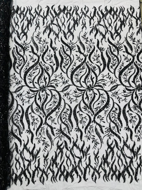 Jewel Vine Beaded Lace Polyester Fabric - Hand Beaded Vine Pattern, 54" Width (1 Yard)