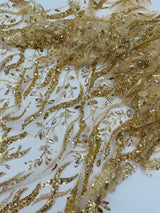 Jewel Vine Beaded Lace Polyester Fabric - Hand Beaded Vine Pattern, 54" Width (1 Yard)
