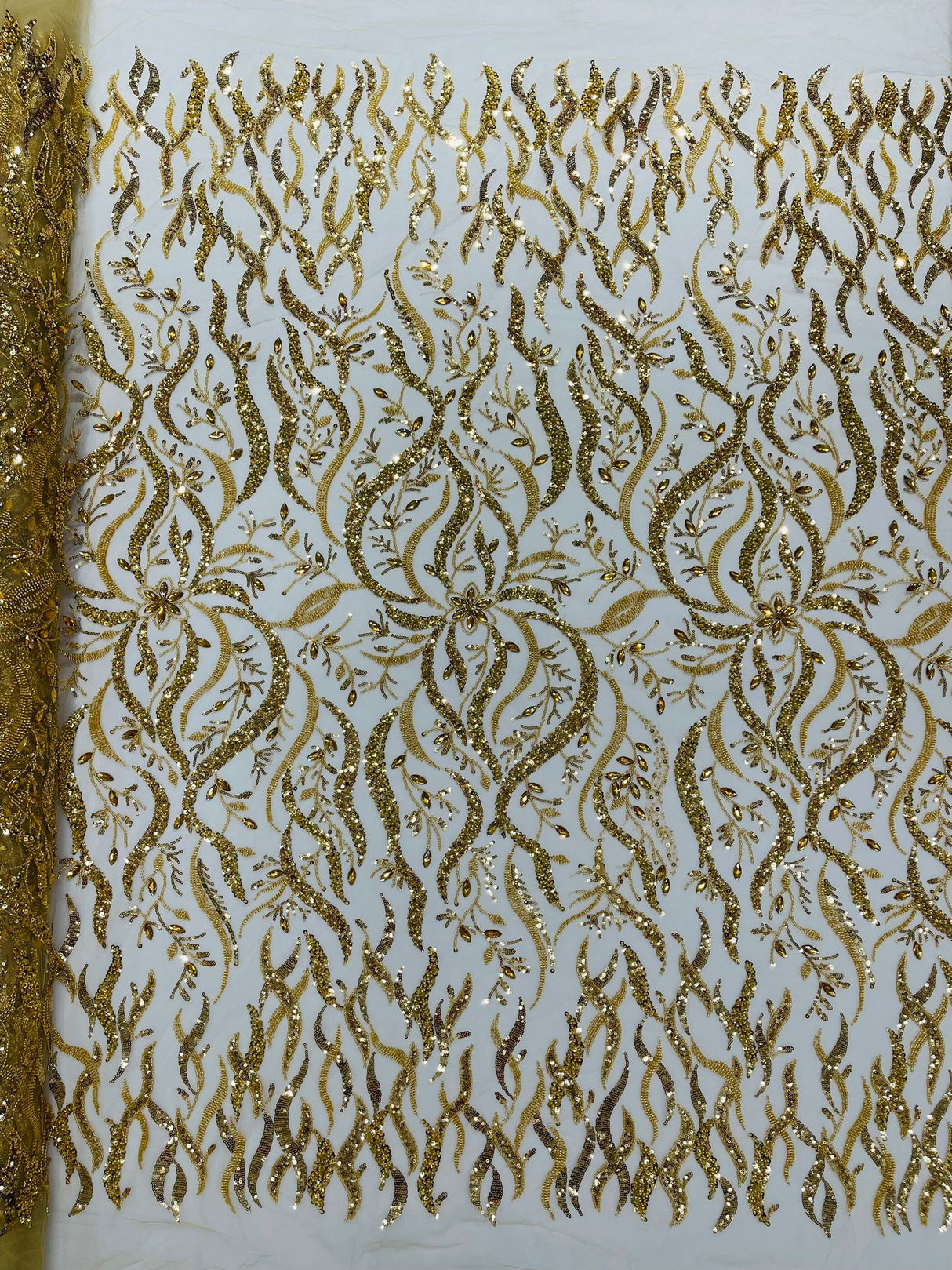 Jewel Vine Beaded Lace Polyester Fabric - Hand Beaded Vine Pattern, 54" Width (1 Yard)
