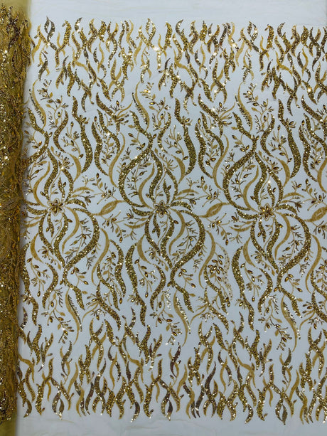 Jewel Vine Beaded Lace Polyester Fabric - Hand Beaded Vine Pattern, 54" Width (1 Yard)