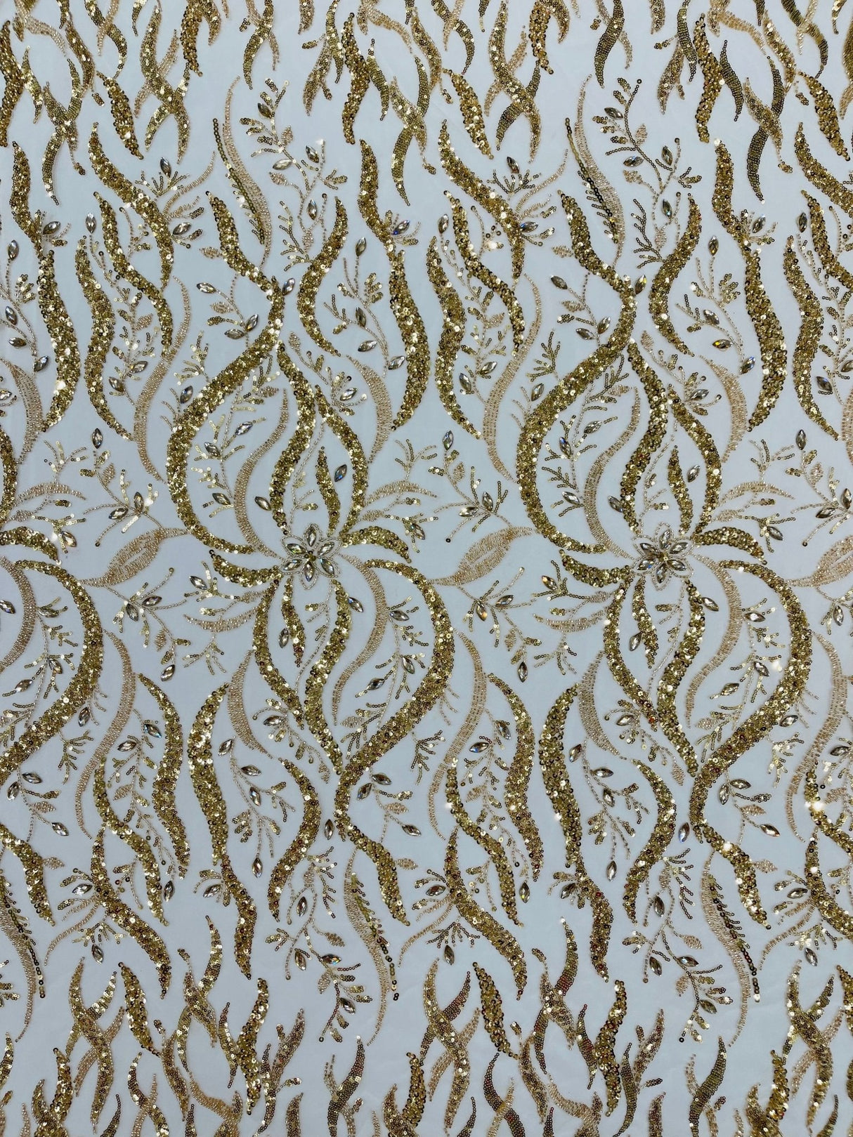Jewel Vine Beaded Lace Polyester Fabric - Hand Beaded Vine Pattern, 54" Width (1 Yard)