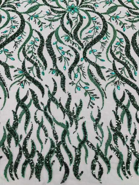 Jewel Vine Beaded Lace Polyester Fabric - Hand Beaded Vine Pattern, 54" Width (1 Yard)