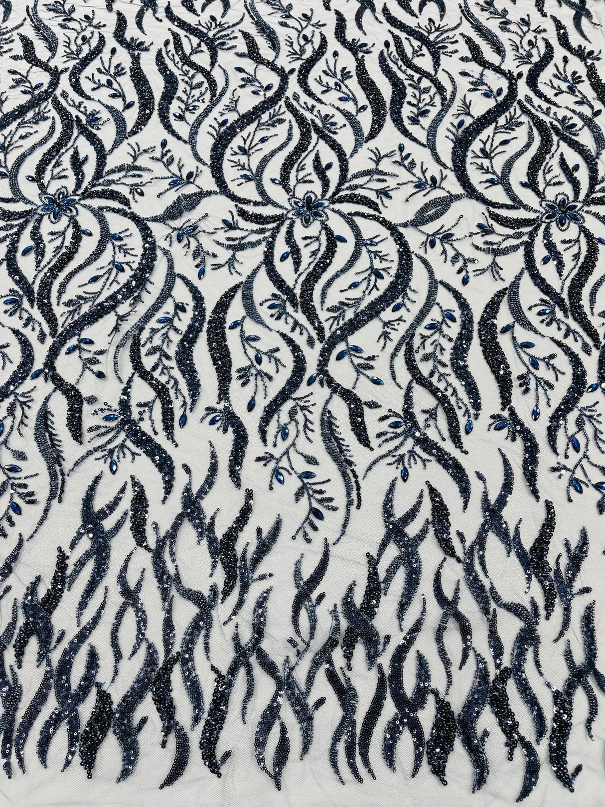 Jewel Vine Beaded Lace Polyester Fabric - Hand Beaded Vine Pattern, 54" Width (1 Yard)