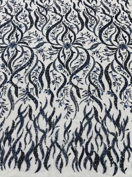 Jewel Vine Beaded Lace Polyester Fabric - Hand Beaded Vine Pattern, 54" Width (1 Yard)