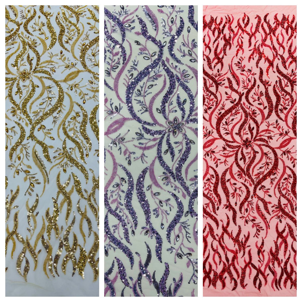 Jewel Vine Beaded Lace Polyester Fabric - Hand Beaded Vine Pattern, 54" Width (1 Yard)