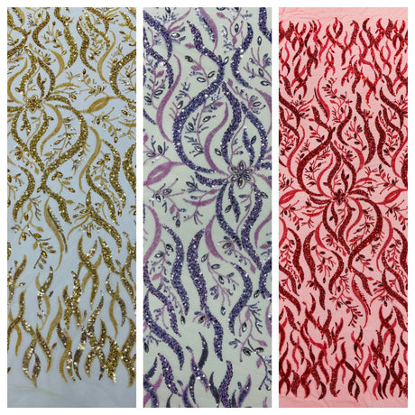 Jewel Vine Beaded Lace Polyester Fabric - Hand Beaded Vine Pattern, 54" Width (1 Yard)