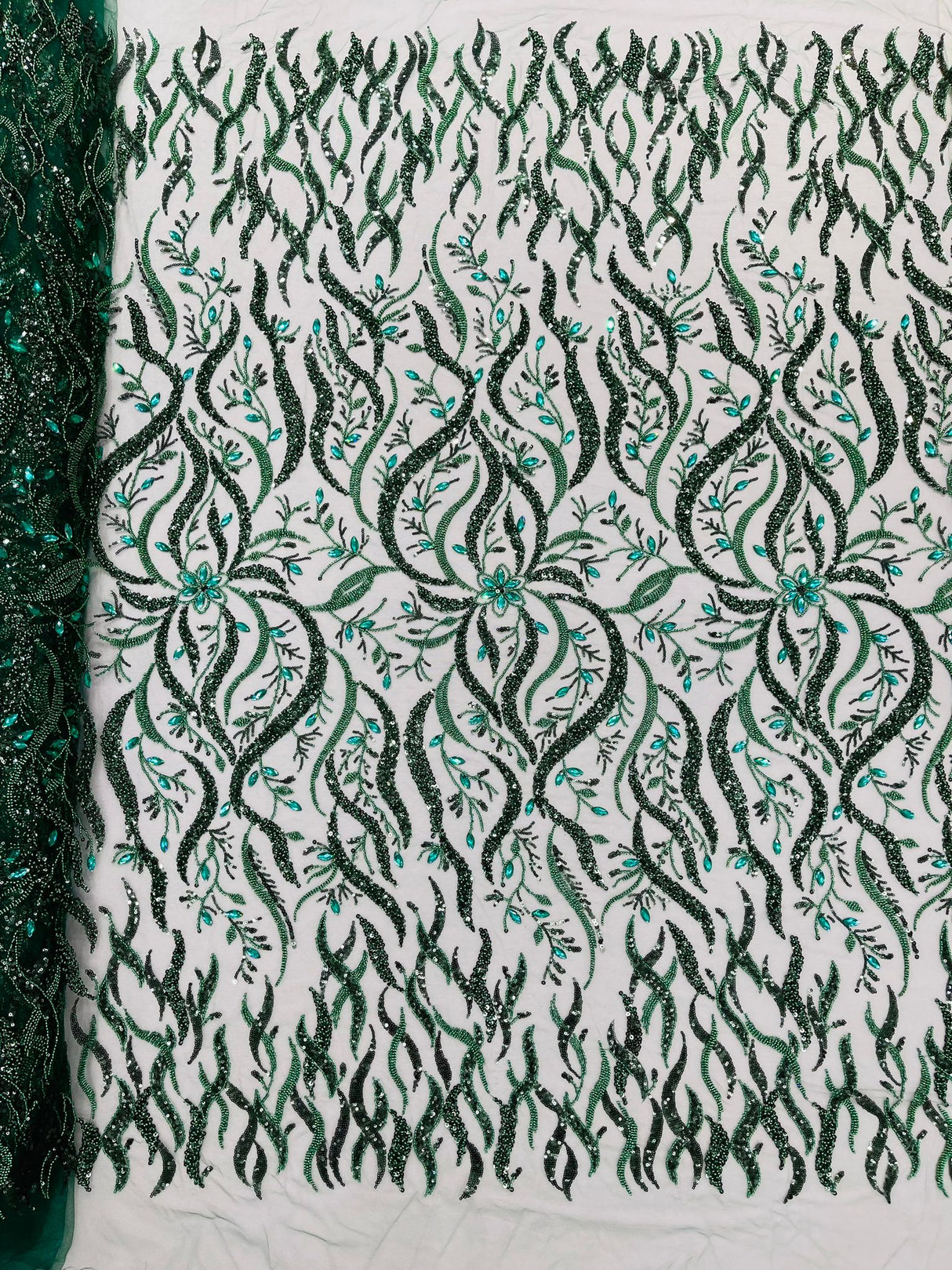 Jewel Vine Beaded Lace Polyester Fabric - Hand Beaded Vine Pattern, 54" Width (1 Yard)