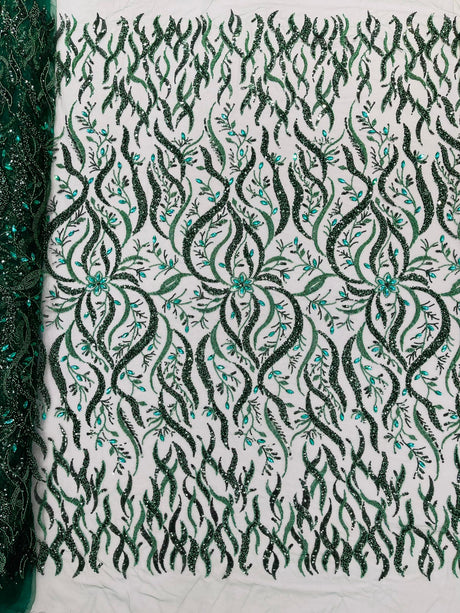 Jewel Vine Beaded Lace Polyester Fabric - Hand Beaded Vine Pattern, 54" Width (1 Yard)