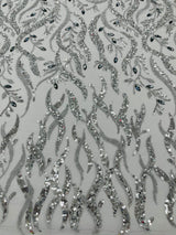 Jewel Vine Beaded Lace Polyester Fabric - Hand Beaded Vine Pattern, 54" Width (1 Yard)