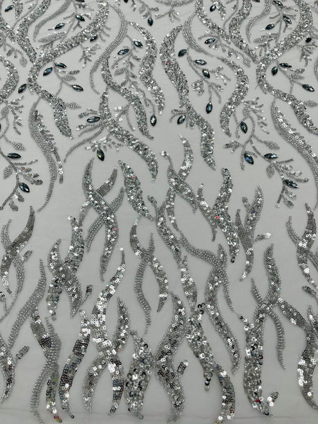 Jewel Vine Beaded Lace Polyester Fabric - Hand Beaded Vine Pattern, 54" Width (1 Yard)