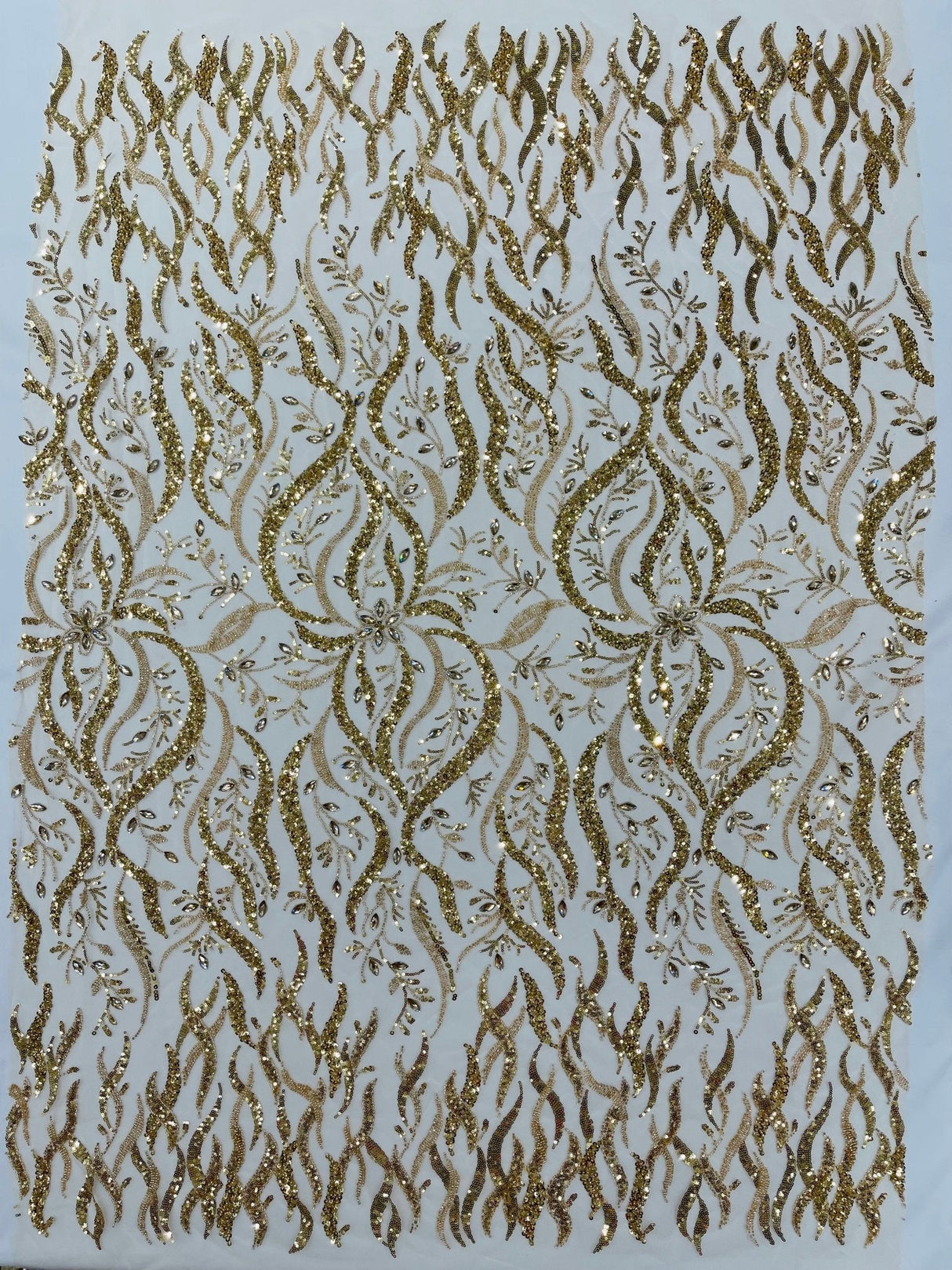 Jewel Vine Beaded Lace Polyester Fabric - Hand Beaded Vine Pattern, 54" Width (1 Yard)