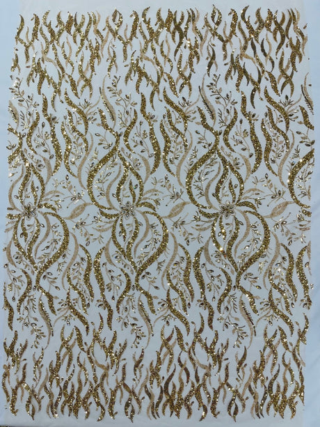 Jewel Vine Beaded Lace Polyester Fabric - Hand Beaded Vine Pattern, 54" Width (1 Yard)