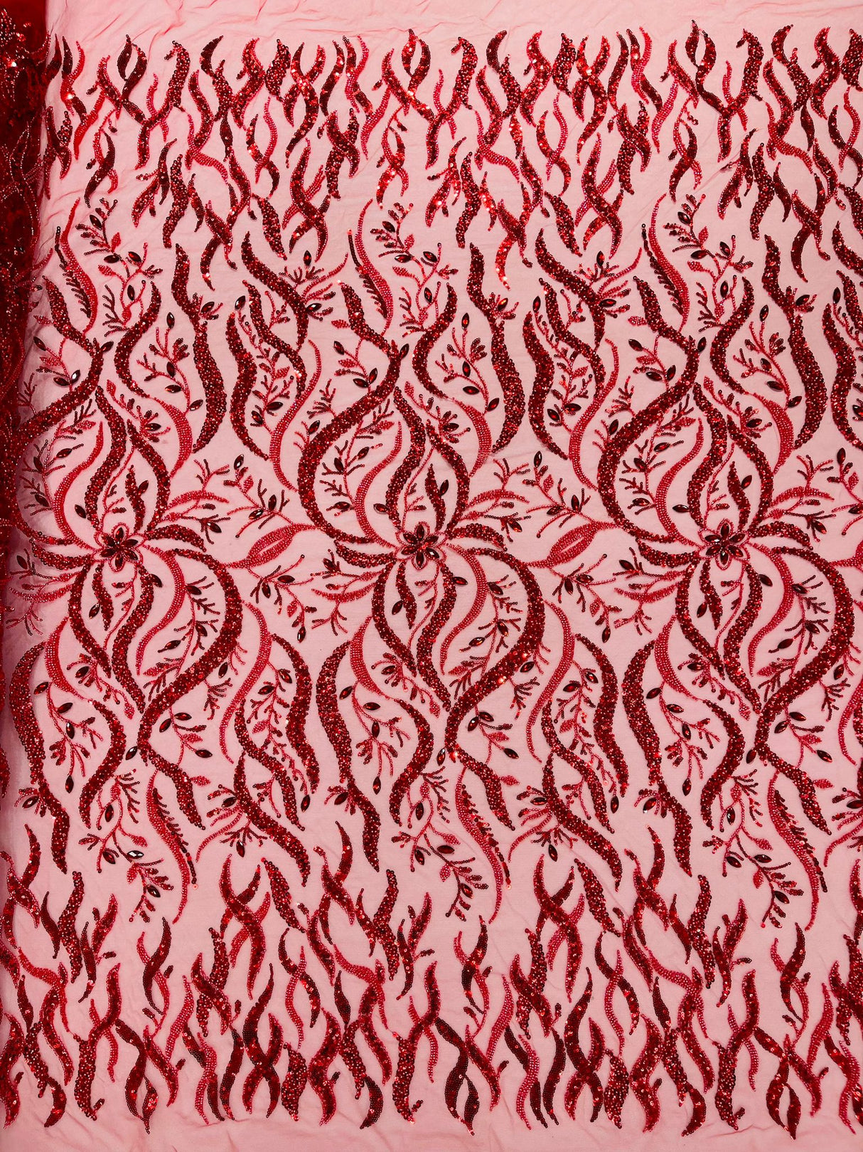 Jewel Vine Beaded Lace Polyester Fabric - Hand Beaded Vine Pattern, 54" Width (1 Yard)