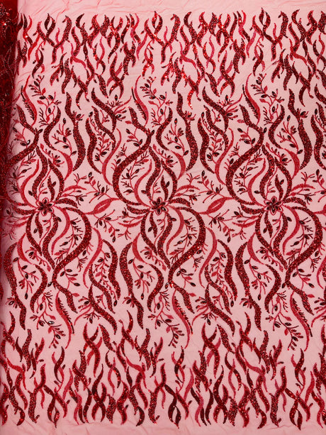 Jewel Vine Beaded Lace Polyester Fabric - Hand Beaded Vine Pattern, 54" Width (1 Yard)