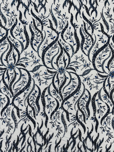 Jewel Vine Beaded Lace Polyester Fabric - Hand Beaded Vine Pattern, 54" Width (1 Yard)