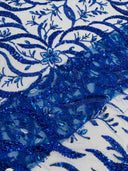 Jewel Vine Beaded Lace Polyester Fabric - Hand Beaded Vine Pattern, 54" Width (1 Yard)