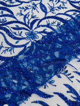 Jewel Vine Beaded Lace Polyester Fabric - Hand Beaded Vine Pattern, 54" Width (1 Yard)