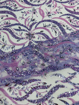 Jewel Vine Beaded Lace Polyester Fabric - Hand Beaded Vine Pattern, 54" Width (1 Yard)