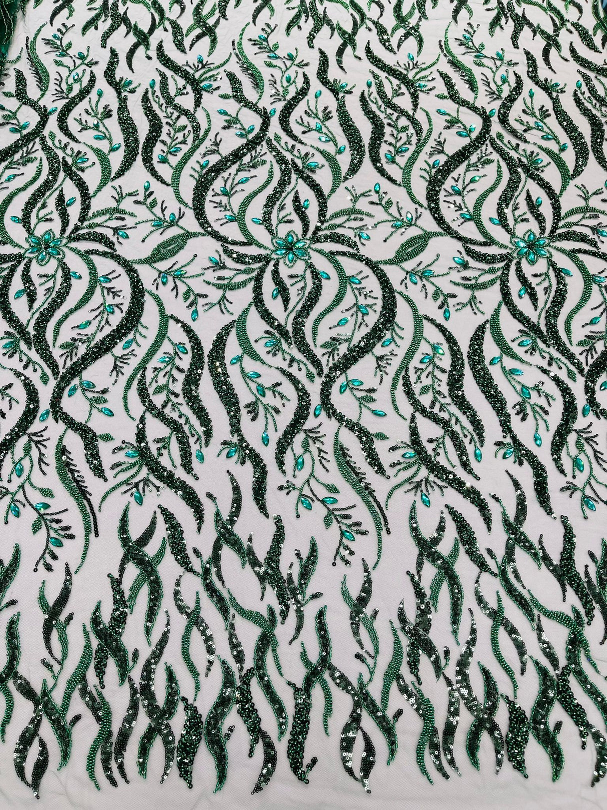 Jewel Vine Beaded Lace Polyester Fabric - Hand Beaded Vine Pattern, 54" Width (1 Yard)