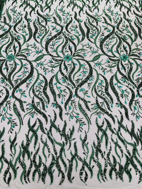 Jewel Vine Beaded Lace Polyester Fabric - Hand Beaded Vine Pattern, 54" Width (1 Yard)