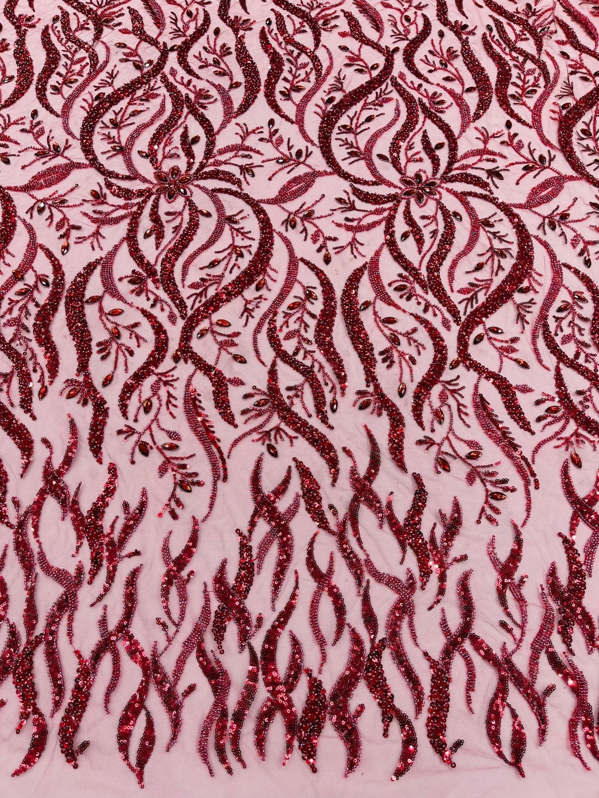 Jewel Vine Beaded Lace Polyester Fabric - Hand Beaded Vine Pattern, 54" Width (1 Yard)
