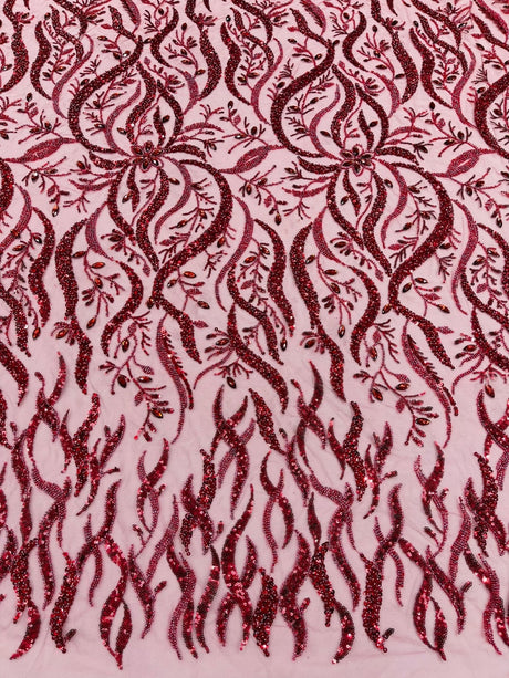 Jewel Vine Beaded Lace Polyester Fabric - Hand Beaded Vine Pattern, 54" Width (1 Yard)