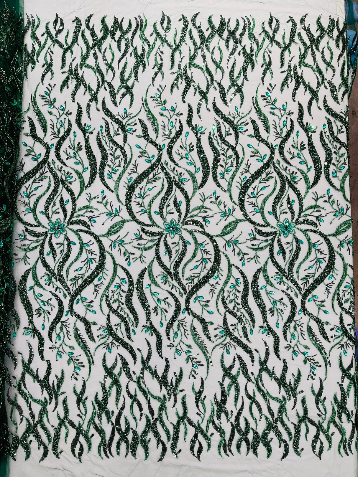 Jewel Vine Beaded Lace Polyester Fabric - Hand Beaded Vine Pattern, 54" Width (1 Yard)