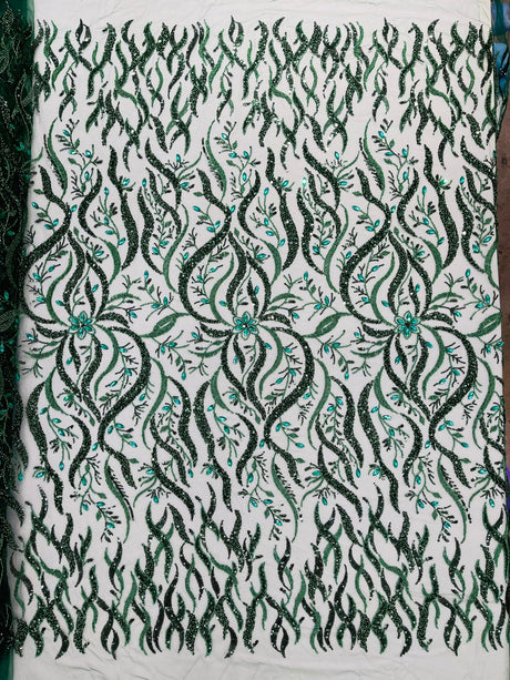 Jewel Vine Beaded Lace Polyester Fabric - Hand Beaded Vine Pattern, 54" Width (1 Yard)