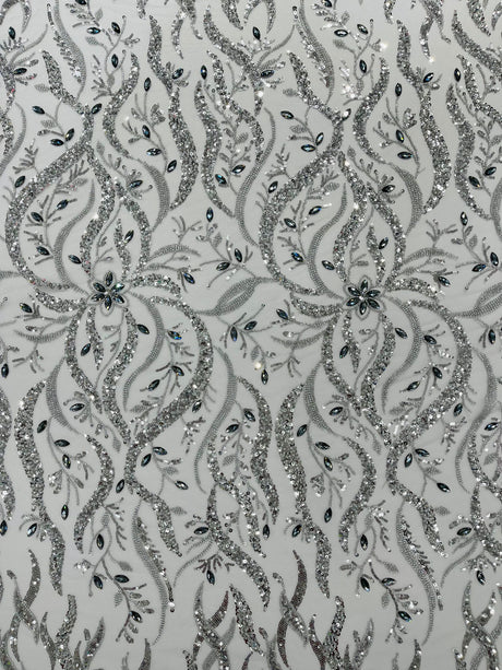 Jewel Vine Beaded Lace Polyester Fabric - Hand Beaded Vine Pattern, 54" Width (1 Yard)