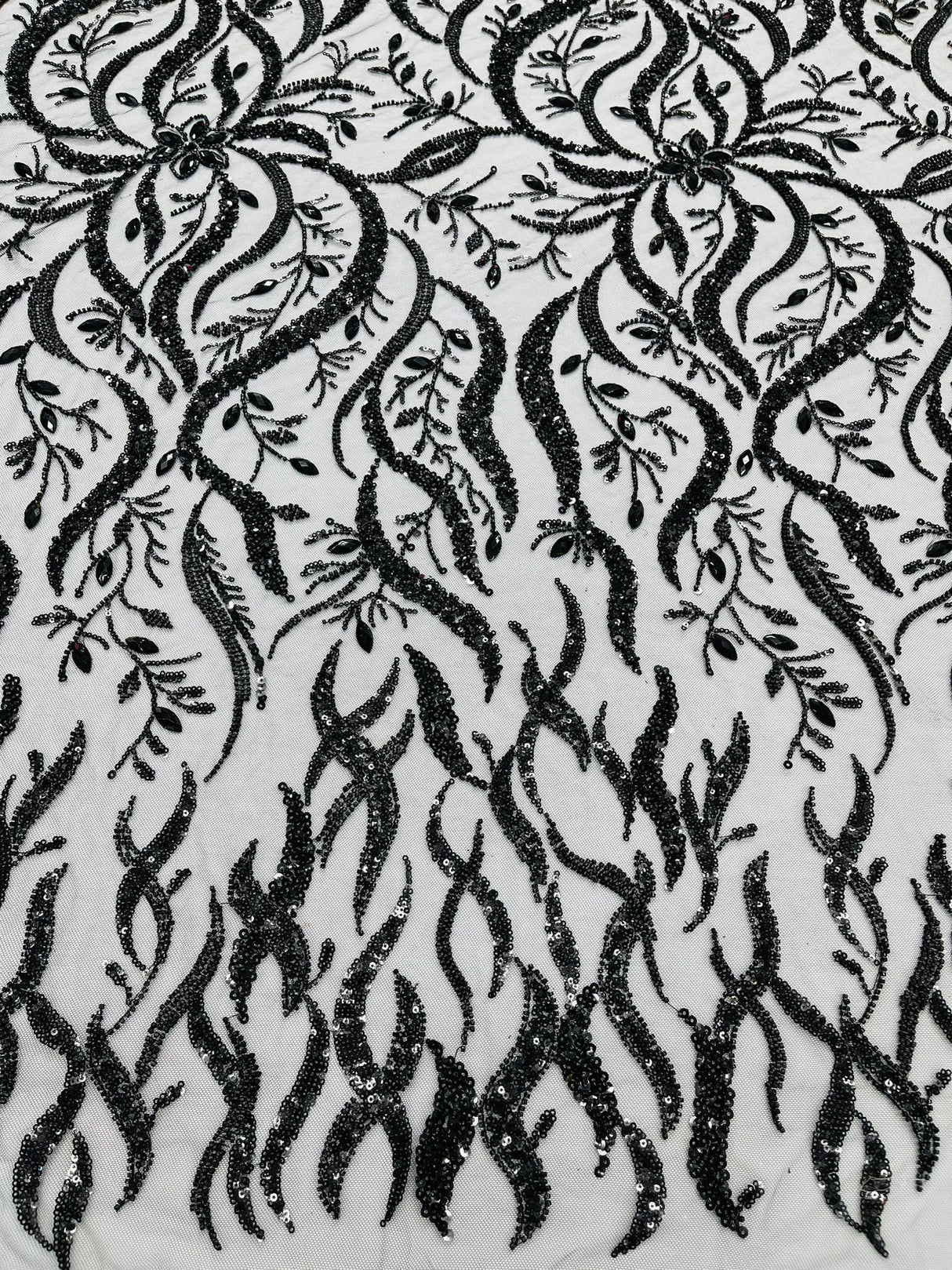 Jewel Vine Beaded Lace Polyester Fabric - Hand Beaded Vine Pattern, 54" Width (1 Yard)