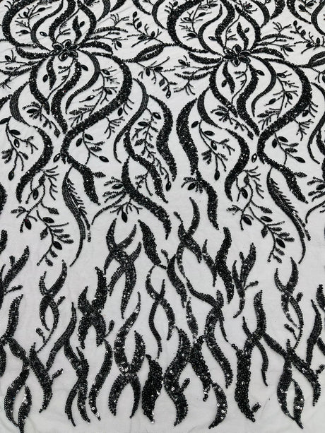 Jewel Vine Beaded Lace Polyester Fabric - Hand Beaded Vine Pattern, 54" Width (1 Yard)