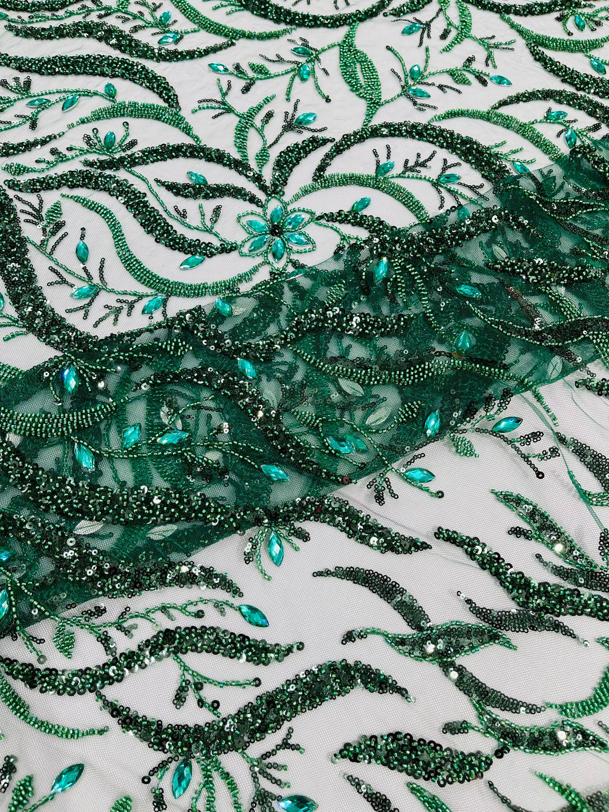 Jewel Vine Beaded Lace Polyester Fabric - Hand Beaded Vine Pattern, 54" Width (1 Yard)