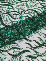 Jewel Vine Beaded Lace Polyester Fabric - Hand Beaded Vine Pattern, 54" Width (1 Yard)
