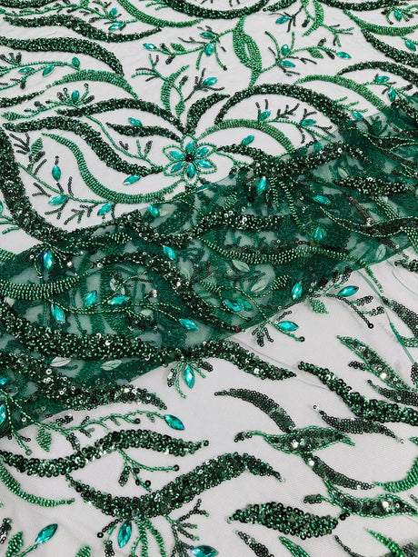 Jewel Vine Beaded Lace Polyester Fabric - Hand Beaded Vine Pattern, 54" Width (1 Yard)