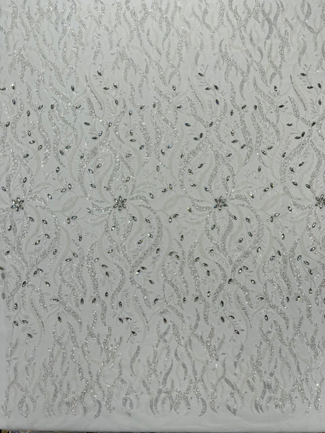 Jewel Vine Beaded Lace Polyester Fabric - Hand Beaded Vine Pattern, 54" Width (1 Yard)
