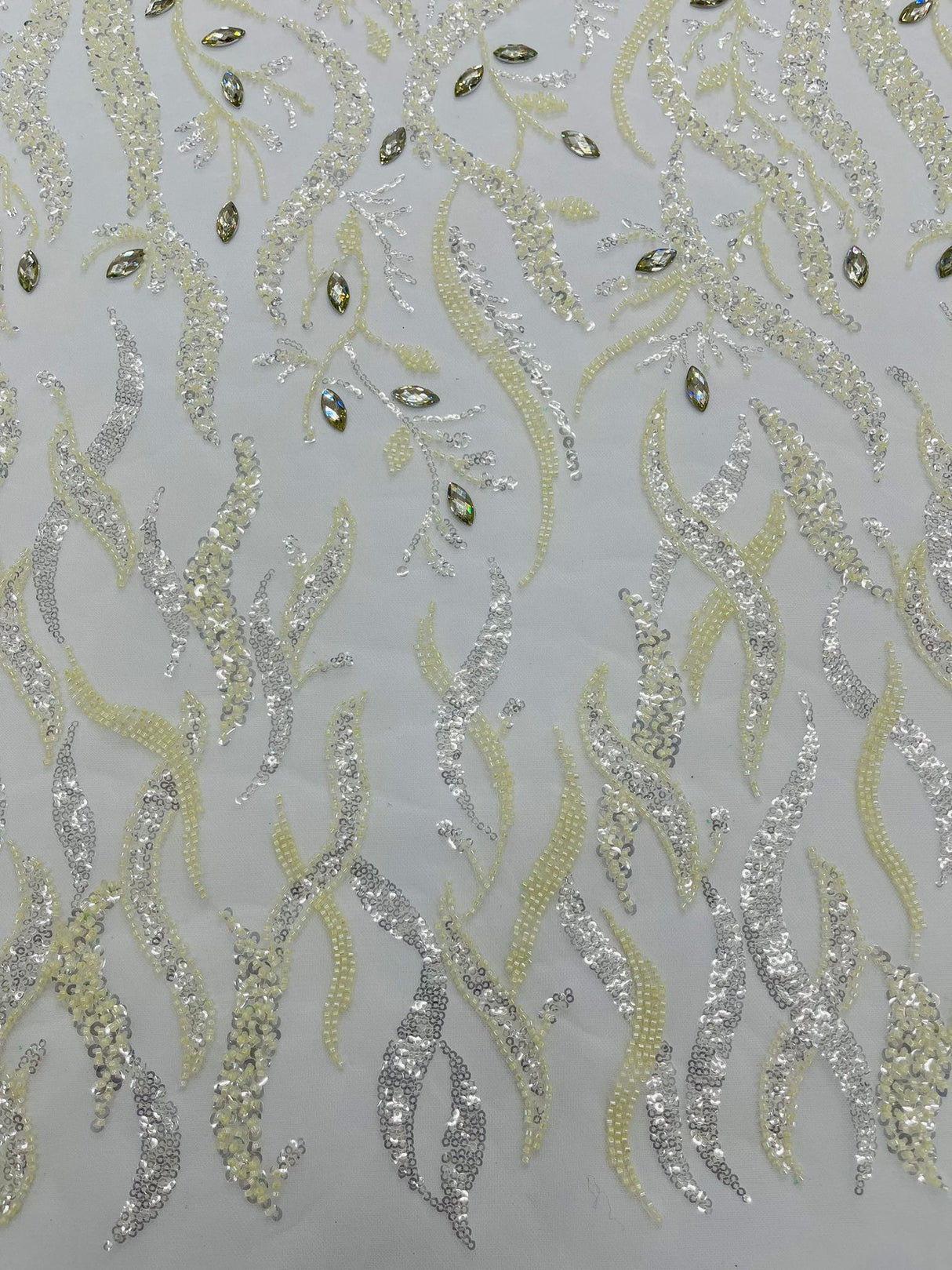 Jewel Vine Beaded Lace Polyester Fabric - Hand Beaded Vine Pattern, 54" Width (1 Yard)