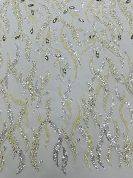 Jewel Vine Beaded Lace Polyester Fabric - Hand Beaded Vine Pattern, 54" Width (1 Yard)