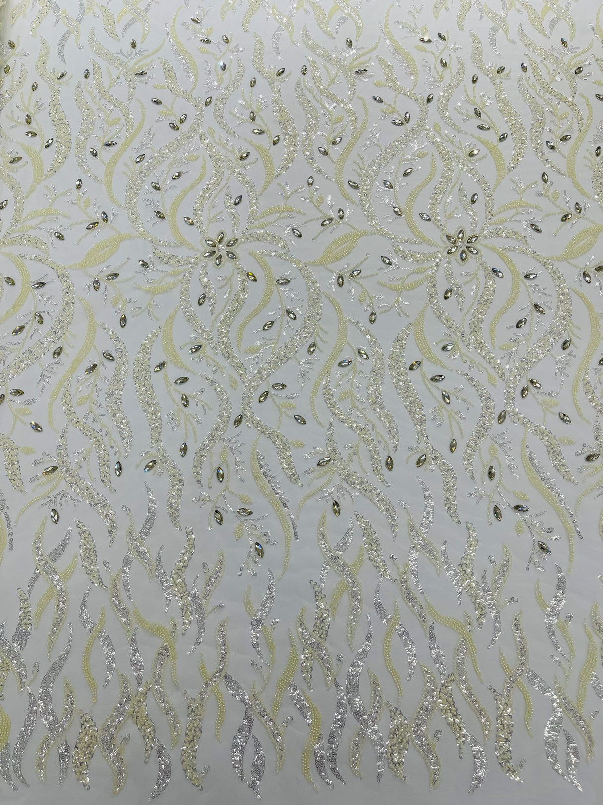 Jewel Vine Beaded Lace Polyester Fabric - Hand Beaded Vine Pattern, 54" Width (1 Yard)