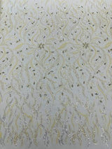Jewel Vine Beaded Lace Polyester Fabric - Hand Beaded Vine Pattern, 54" Width (1 Yard)