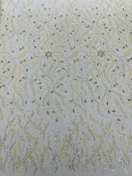 Jewel Vine Beaded Lace Polyester Fabric - Hand Beaded Vine Pattern, 54" Width (1 Yard)